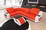 Ecksofa Genua Ledersofa L Form Sofa - mit LED Beleuchtung, verstellbare Kopfstützen/Lederfarben wählbar/Ausrichtung wählbar (Ecke Links, Orange-Weiß)
