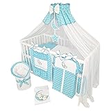 Bello24 - 16 Teiliges Babybett Kinderbett und Bettwäsche komplett Set Happy Leo inkl. Matratze höhenverstellbar für Neugeborene Babys und Kleinkinder aus Massivholz (Teddybär Mond Azurblau)