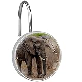 12 Stück Duschvorhanghaken, Duschvorhangringe Kristallglas Deko Badezimmer Haken, Afrikanischer Elefant Grau Walking Forest