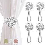 FACIACC Magnetische Vorhang Raffhalter, 4er-Pack Dekorative Gardinenschnalle mit Starkem Federseil & Blume Kristall, Vorhang Clips für Hausfenster Küchenbehandlung (Blume-Silber)