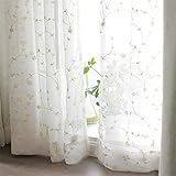 Freyamy Boho Blumen Gardinen Bauernhaus Voile Landhausstil mit Stangedurchzug,Weiß Outdoor Vorhänge Dekoschals Halbtransparent Vorhänge 2 Stück Wohnzimmer Vintage Stores Vorhang 200x140 cm (HxB)