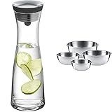 WMF Basic Wasserkaraffe aus Glas, 1 Liter, Glaskaraffe mit Deckel & Gourmet Schüsselset 4-teilig Edelstahl Schüsseln für die Küche 0,75l - 2,75l, Cromargan, stapelbar