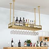 Qunine Weinregal, Weinglasregal aus Metall, hängendes Weinregal mit Glashalter und Regal, goldenes Stielglasregal, an der Decke montiertes Weinregal, perfekt für Bar, Café, Küche (einfarb
