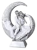 Moderne und exklusive Skulptur Liebespaar auf dem Mond aus Keramik weiß/silber Höhe 40 cm