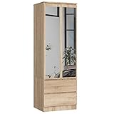 AKORD Kleiderschrank Star S | Zweitürig mit Spiegel S 60 cm | 2 Schubladen mit Regalen und Einer Kleiderstange | für Kleiderschränke Schlafzimmer | Schichtstoffplatte 16mm | Farbe Sonoma Oak