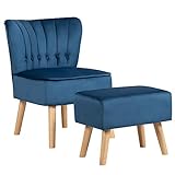 COSTWAY Sessel mit Hocker, moderner Ohrensessel, Polstersessel ohne Armlehne, Relaxsessel aus Samt, Lesesessel Loungesessel für Wohnzimmer (Blau)