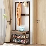 WXHJM Garderobenständer, Kleiderständer mit Schuhablagen, 2 Ebenen Schuhregal, Garderobenständer mit Bank, 3-in-1 Design, 5 Haken, für Flur, Schlafzimmer Brown,60x27x172cm