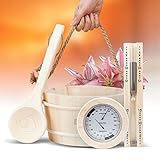 BAGHIRA Saunakübel Set - 5-teiliges Sauna Zubehör aus Kiefernholz - Sauna Kübel mit PVC-Einsatz, Sauna Eimer mit Kelle, Sanduhr, Thermo- & Hygrometer