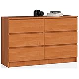AKORD Kommode K-120 mit 6 (2 x 3) Schubladen | für das Wohnzimmer Schlafzimmer Schrank Büro Arbeitszimmer | Modernes Funktionales Design | B120 x H77 x T40 cm, Gewicht 43kg | Erle