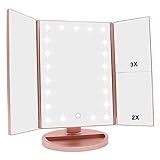 WEILY Schminkspiegel mit Beleuchtung, Faltbarer Kosmetikspiegel mit 3X/2X/1X Vergrößerung, 21 natürliche LED Lichter, Batteriebetrieben Order USB Aufladen dimmbarer Makeup Mirror (Rosengold)