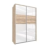 Bloomwood KUMOX Kleiderschrank, moderner Schwebetürenschrank 136 cm breit, 210 cm hoch 2-türig mit Einlegeböden und Kleiderstangen, Made in Germany, Eiche Sanremo mit Weiß Glas