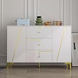 Sideboard Wohnzimmer, Kommode mit 3 Schubladen und 2 Türen, Anrichte, Highboard, Esszimmerschrank, Kommodeschrank, MDF, Metallbeine, für Wohnzimmer, Esszimmer, Eingangsbereich, Flur, Weiß 140cm breit