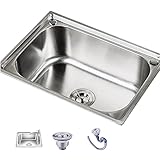 Küchenspüle, 304 Edelstahlspülen, Heimspüle, Gemüsebecken, Einzelbecken, Barspüle, Arbeitsstation, tief, handgefertigt, Küchenspüle, Drop-In mit Abfluss-Set, Silber, 50 x 40 cm