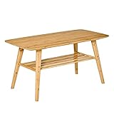 HOMCOM Couchtisch Beistelltisch Bambustisch Tisch Wohnzimmertisch Kaffeetisch mit Regal minimalistisch stabil Bambus Naturholz 100x50x50 cm