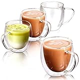 EZOWARE Doppelwandige Gläser Kaffetassen Set, Isolierte Thermogläser aus Klarglas mit Griffen für Heiße oder Kalte Getränke, z.B. Kaffee, Latte, Mochiatto, Tee - 4er Set, 250 ml