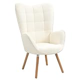 MEUBLE COSY Sessel Relaxsessel Lehnstühle Polstersessel Einzelsofa mit Holzbein Ohrensessel für Wohnzimmer Schlafzimmer Büro Vanity, Bouclé Frottier, Weiß, Holz, 68x71x106cm