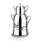 Korkmaz Samovar Teekocher Nosta MEGA A334 Silber Inox/Chrom Semaver Türkisch Tea Cooker, 48 cm