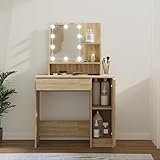LAPOOH Schminktisch mit LED, Schminken Tisch, Frisiertisch, Kosmetiktisch, Schminkkommode, Schmink Tisch, Make Up Tisch, Sonoma-Eiche 86,5x35x136 cm