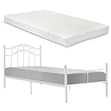 [en.casa] Metallbett 90x200 weiß mit Matratze Bett Jugendbett Metall