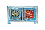 PUSHPACRAFTS Mangoholz Schmuckkästchen mit 2 Schubladen – Schmuckaufbewahrung – Andenkenkiste – mehrere Fächer – Bohemian Hand Painted Blue Distress Keramikfliesen Box