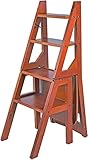 OUYOXI Tritthocker, klappbarer Tritthocker aus Holz, tragbarer Leiterstuhl, Hocker, multifunktionale Trittleiter/Treppenstuhl für Heimbibliothek, 4 Stufen (Holzfarbe) (Braun R)