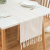 CHUQING Tischläufer Beige Boho Polyester Geruchsneutral Tischläufer Landhausstil Table Runner mit Quasten 200x32cm,Elfenbein