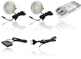 Ultra flaches 2er Set Led Möbel Einbaustrahler Tim 2Watt warmweiss 12Volt DC 3000Kelvin 180Lumen 110Grad Abstrahlwinkel Rostfrei Aluminium 1,8m Anschlusskabel LED Trafo