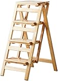 Klappstufen, Holzleiter, Stuhl, Hocker, multifunktional, faltbar, Regalleiter, Heimbibliothek, 4 Stufen, 150 kg Tragkraft (4 Farben)/Weiß (Natur R)