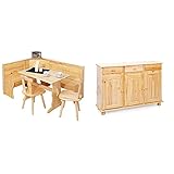 Inter Link Eckbank Gruppe Tisch Stühle Kücheneckbank Sitzbank Esszimmer Kiefer Massivholz Natur lackiert & Kommode Anrichte Sideboard Mehrzweckschrank Beistellschrank Kiefer massiv Natur lackiert