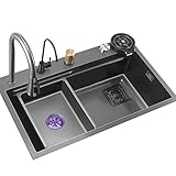 Küchenspüle Aus Edelstahl Für Zuhause Verdecktes Raindance-Wasserfall-Spülenset Nano-Einzelspüle Aus Stahl Drop-In-Einzelbecken-Arbeitsplatzspüle (Color : A, S : 68 * 46cm)