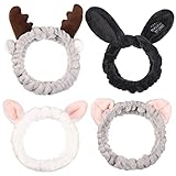 Chutoral 4 Stück Haarband Schminken, Plüsch haarbänder mit Geweihe Katzenohren Ohr Hasenohren Deko Korallen Vlies Elastisches Haarband für Waschen Gesicht, Spa, Schminken