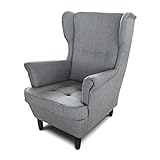 Ohrensessel Sessel King - Lounge Sessel mit Armlehnen - Retro Stuhl aus Stoff mit Holz Füßen - Polsterstuhl für Esszimmer & Wohnzimmer (Grau (Inari 91), ohne Hocker)