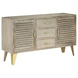 Youuihom Lagerschränke, Schränke für Tafelgeschirr, Mehrzweckschränke, Geeignet für Wohnzimmer, Schlafzimmer, Küche oder Bad, Schubladenschrank Grau mit Messing 140 x 40 x 80 cm Mangoholz Massiv