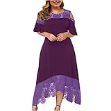 Sommerkleid Damen Große Größe Solide Maxikleid XL-5XL Kurzarm Trägerlos Hohl Langes Kleid Asymmetrischer Saum Spitzenbesatz vorne und hinten Ladies Kleider Rundhalsausschnitt Pluse Size Dress