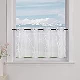 Delien Voile Scheibengardine mit Ösen Bistrogardinen Landhaus für Küche Transparente Kurzstores Modern Gardine »Zweig« Klein Fenster Kurz Vorhang BxH 120x45cm,Weiß