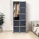 Kleiderschränke, Würfel Schrank aus Kunststoff mit Hängender Stange, Tragbarer Regalsystem, Würfel Schrank aus Kunststoff, DIY-Regalsystem Kleiderschrank. (74*47*180cm/10 Fächer/Schwarz-Weiß)