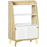 HOMCOM Sideboard Beistellschrank Standregal mit Schiebetüren Aufbewahrungsschrank mit offenen Regalen Kommode mit erhöhtem Design und Anti-Kipp-Schutz Spanplatte Weiß+Naturholz 58 x 30 x 93 cm