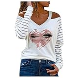 HOOUDO Damen Tshirt Sommer Frauen lässige V-Ausschnitt Brief Love Druck genähte Linie Langarm-Top Tunika Festlich Elegant