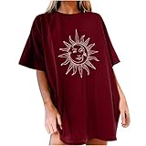 Tshirt Damen Oversize Oberteile Sommer Vintage Motiv Lose Bluse Übergroße Kurzarm Sport Top Lose Rundhals breite Schulter T-Shirt Basic Shirt Hemden