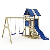 Wickey Spielturm Klettergerüst DinkyHouse, Schaukel & Blaue Rutsche, Outdoor Kinder Kletterturm mit Sandkasten, Leiter & Spiel-Zubehör für Kinder im Garten