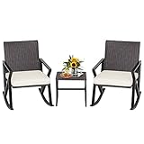 COSTWAY 3TLG. Gartenmöbel-Set aus PE-Rattan, 2 Schaukelstühle mit Kaffeetisch & Sitzkissen, Terrassenmöbel Balkonmöbel Sitzgarnitur für Garten, Terrasse, Balkon