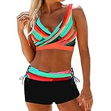 Regenbogen Drucken Badeanzug Damen Boho Zweiteiliger Kreuz BH Badeanzug Strandstil Bademode Bikinihose Seite Haben Gummiband sexy Tiefer V Ausschnitt Swimsuit Hawaii Schwimmanzug Beachwear Bikini