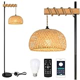 Rayofly Dimmbar Stehlampe Wohnzimmer, Vintage Holz Stehlampe mit Fernbedienung und LED-Glühbirne, App-Steuerung, Boho Stehleuchte mit Bambus Lampenschirm, Rattan Stehlampe für Schlafzimmer, Schwarz