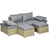 Outsunny 4 TLG. Rattan Gartenmöbel-Set, Gartengarnitur mit Kissen, Sitzgruppe mit 2X Sofa, 2X Fußhocker, Verstellbare Sitzgarnitur für Garten, Terrasse, Alu, Grau