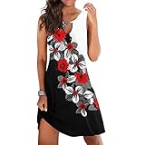 Lady Plus Size Print Strandkleid Damen Boho Kurz Swing Kleid Casual V Ausschnitt Minikleid Mode FrauenDrucken ärmellose Kleider Sommer Blummenmuster A Linie Lässiges Sommerkleid, ärmellos