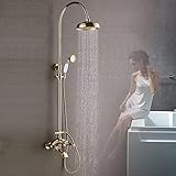 Wandmontage Duschsystem, Verstellbare HöHe Duscharmatur Set, Enthalten Regendusche Duschkopf 20 * 20 cm, Handbrause, Wasserfall-Badewannenarmatur Und Duschstange, Gold Duschset, Messing