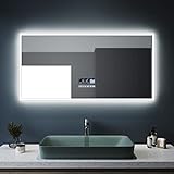 SONNI Badspiegel mit Beleuchtung 120x60 cm Bluetooth Lautsprecher + 3 Lichtfarben einstellbar LED Badezimmerspiegel mit Uhranzeige Lichtspiegel Antibeschlag Wandspiegel