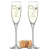 2 Sektgläser mit Gravur von Namen und Datum Prosecco-Gläser, Champagner-Kelche mit gezogenem Stiel, Geschenk-Set zur Hochzeit als Geschenkidee für Geldgeschenke zum Hochzeitstag für Brautpaar