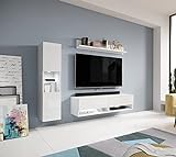 Furnix Wohnwand Wohnzimmer Alyx I - 3-TLG Mediawand weiß Hochglanz Komplett-Set mit LED - TV Lowboard, Vitrine, Hängeregal - Freistehend/Wandmontage - B 160 x H 127 x T 33 cm, Farbe weiß