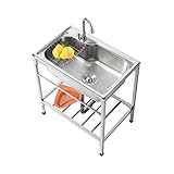 Edelstahlspüle Spülbecken Für Außen Innen, Freistehendes Küchenspüle Mit Ständer, Hohe Kapazität Waschtisch Mit Wasserhahn, Gewerbe-spülbecken Mit Ablassvorrichtung, Rostschutz